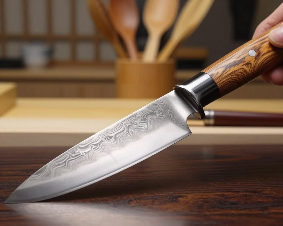 A high-quality, detailed close-up image of a Sakai Takayuki knife blade, showcasing its elegant craftsmanship and traditional Japanese design. The blade gleams with a polished finish, reflecting the ambient light, highlighting the intricate patterns of the Damascus steel. In the foreground, capture the sharp edge and the gentle curve of the blade, emphasizing its precision. The middle ground features a beautifully crafted wooden handle, showcasing rich textures and natural grains. In the background, a softly blurred kitchen setting with bamboo utensils and a contrasting dark wooden countertop creates a warm, inviting atmosphere. The lighting should be soft and diffused, evoking a sense of artistry and excellence. The overall mood conveys sophistication and appreciation for fine craftsmanship in culinary tools.