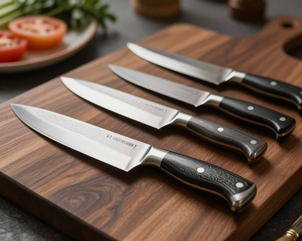 A high-quality display of luxury Sakai Takayuki 63 Layer Damascus knives arranged elegantly on a dark wooden cutting board. In the foreground, a beautifully crafted knife with a polished handle and intricate blade pattern is showcased, glimmering under soft, diffused lighting that highlights the blade's unique textures. In the middle, a few other knives of varying sizes and shapes are artfully laid out, conveying a sense of versatility in design. The background features a blurred kitchen setting with hints of gourmet ingredients, creating a warm and inviting atmosphere. The overall mood is sophisticated yet approachable, ideal for culinary enthusiasts. The image should be captured with a shallow depth of field, emphasizing the knives while maintaining a hint of the kitchen's ambiance.