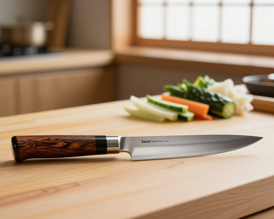 A high-quality, professional sushi knife is elegantly displayed on a wooden cutting board. The knife, a Sakai Takayuki 270mm Yanagiba, showcases its sleek, sharp blade with a polished finish reflecting soft light. In the foreground, focus on the knife handle made from rich, dark wood with intricate grain patterns, giving a sense of craftsmanship. The middle ground includes cut vegetables, meticulously arranged, highlighting its precision slicing capability. The background features a softly blurred kitchen setting with subtle natural light coming from a window, creating a warm and inviting atmosphere. The image conveys professionalism and culinary artistry, emphasizing the knife's role in the sushi-making process. The scene should feel serene and focused, ideal for showcasing a premium kitchen tool.