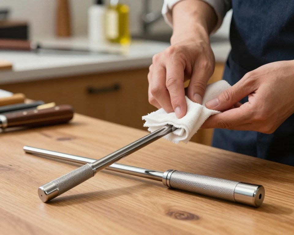 A high-resolution image showcasing the maintenance of a Sakai Takayuki honing rod. In the foreground, a stainless steel honing rod is positioned on a wooden workbench, glimmering under soft natural light. A close-up view reveals the textured grip and polished metal, emphasizing its craftsmanship. In the middle ground, a pair of hands in professional attire, carefully holding the honing rod while wiping it with a lint-free cloth, exhibits attention to detail. The background features a blurred kitchen with sleek knives on a magnetic strip and a few honing oil bottles, suggesting a professional setting. The lighting is warm and inviting, creating an atmosphere of careful maintenance and respect for fine tools. Capture this scene from a slightly elevated angle to highlight the act of maintenance, ensuring a clear focus on the honing rod.