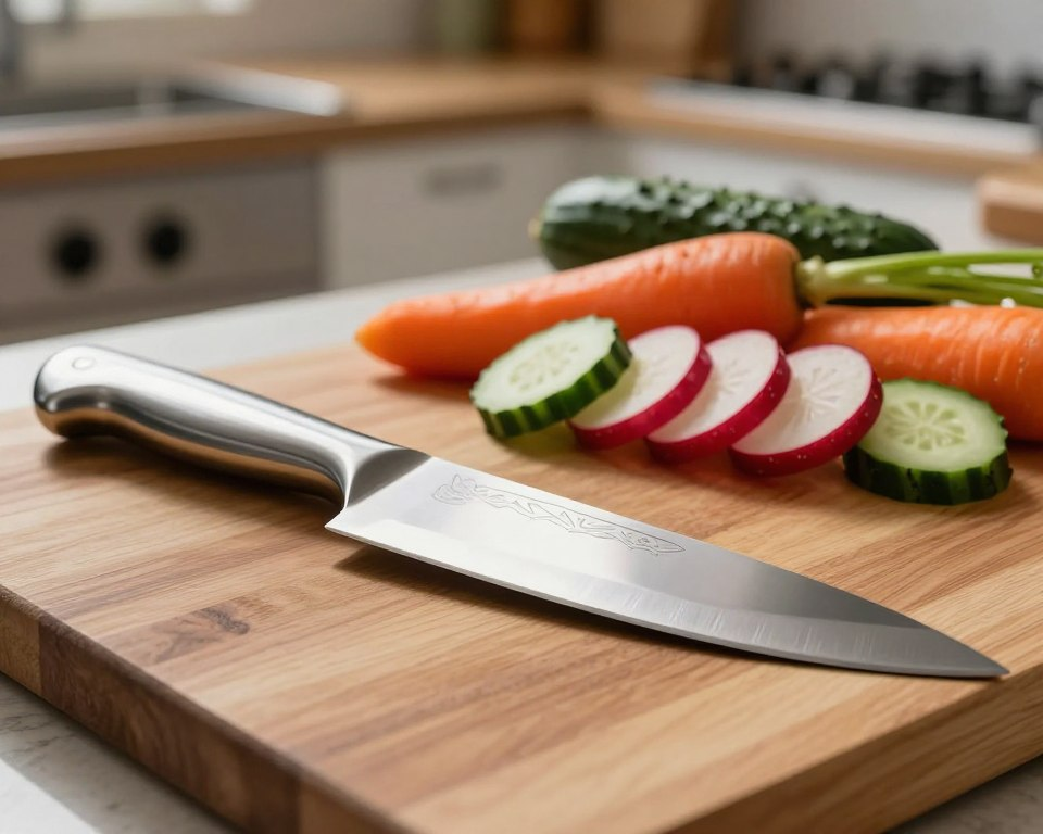 A highly polished, mirror finish knife rests elegantly on a wooden cutting board, reflecting soft overhead lighting to highlight its gleaming surface. The blade, featuring intricate engravings, extends gracefully, showcasing its sharp edge and craftsmanship. In the middle ground, vibrant, freshly sliced vegetables—carrots, cucumbers, and radishes—are arranged artfully around the knife, demonstrating its utility in vegetable carving. The background presents a blurred kitchen setting, with soft, warm tones to evoke a cozy, inviting atmosphere. The overall mood is one of sophistication and culinary artistry, capturing the essence of precision and creativity in the kitchen. Shot from a low angle to emphasize the knife's reflective quality, creating a sense of depth and focus.