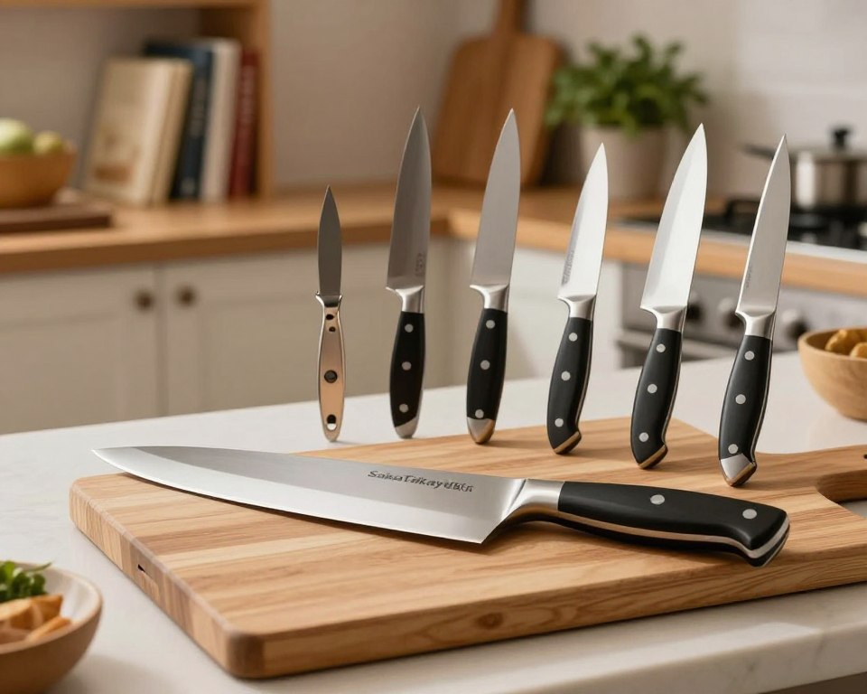 A neatly organized kitchen counter showcasing a variety of high-quality Sakai Takayuki knives, artfully arranged with a professional-grade wooden cutting board. In the foreground, a prominent chef's knife glistens under warm, soft lighting, emphasizing its craftsmanship and sharpness. In the middle ground, several other knife styles, including a paring knife and a sashimi knife, are displayed, highlighting their unique shapes and finishes. The background features a cozy kitchen setting, with gently blurred shelves filled with cooking books and herbs in pots, evoking a warm and inviting atmosphere. The scene should capture a sense of culinary professionalism and inspire confidence in potential buyers, without any people present. The angle is slightly elevated, giving a comprehensive view of the knives and their environment.