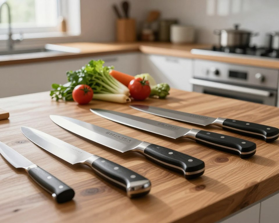 A polished wooden kitchen countertop showcases a collection of elegant Sakai Takayuki knives, arranged artfully in a well-lit, modern kitchen environment. The foreground features the distinctive high-carbon steel blades, each with intricate Japanese craftsmanship, exhibiting a blend of traditional and contemporary design. In the middle ground, a set of fresh vegetables and herbs adds a splash of color and freshness, indicating a cooking preparation scene. The background is softly blurred but highlights clean kitchen elements, such as cabinets and utensils, enhancing a homely yet professional atmosphere. Natural daylight filters through a window, casting soft shadows and creating warmth in the scene, while the composition suggests a sense of mastery and artistry in the culinary craft.