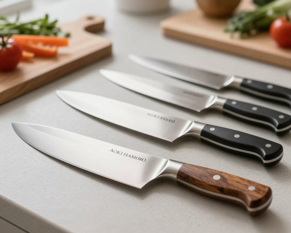 A precise comparison of stainless steel blade knives showcasing the Sakai Takayuki Aoki Hamono alongside other premium knife brands. In the foreground, display a sleek, mirror-polished Aoki Hamono knife with its distinct handcrafted wooden handle, next to a high-end German knife with a riveted handle for contrast. In the middle, arrange several other stainless steel knives showcasing their unique designs and finishes. The background features a softly blurred kitchen countertop with elegant wooden cutting boards and fresh ingredients. Use natural diffused light to create a warm and inviting atmosphere, highlighting the reflective surfaces of the blades while maintaining a professional look. The angle should be slightly above eye level, capturing the intricate details and craftsmanship of each knife. Emphasize a clean, polished aesthetic without any text or distractions.