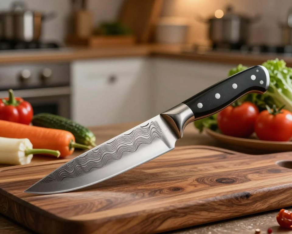 A premium Damascus steel blade, showcasing intricate wavy patterns and a polished, razor-sharp edge, rests elegantly on a rich wooden cutting board. The blade is angled to capture the light, revealing its stunning craftsmanship and shimmering surface. Surrounding the knife, an assortment of fresh, colorful vegetables adds a vibrant contrast, highlighting its intended precision for culinary use. The background features a softly blurred kitchen setting, with warm, ambient lighting that suggests a cozy, inviting atmosphere. The focus is sharp on the knife, creating a sense of elegance and luxury, reinforcing the theme of value and performance.