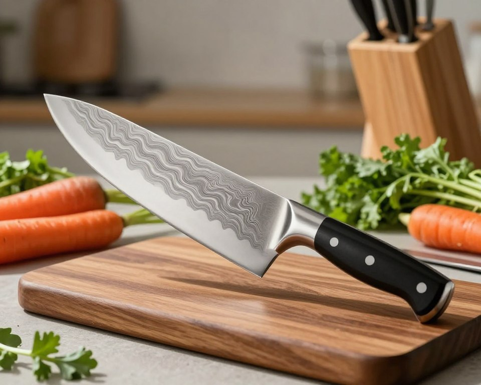 A premium Nakiri knife with a stunning 33-layer Damascus blade, showcasing intricate wave patterns and a polished, sharp edge, is the central focus of the image. The knife is placed elegantly on a beautiful wooden cutting board, surrounded by fresh vegetables like vibrant carrots and leafy greens for context. In the background, softly blurred kitchen essentials like a stylish knife block and decorative herbs create an inviting culinary atmosphere. The lighting is warm and natural, highlighting the knife's craftsmanship while casting slight shadows that add depth. The image should evoke a sense of quality and sophistication, inviting the viewer to appreciate the artistry and functionality of the Nakiri knife.