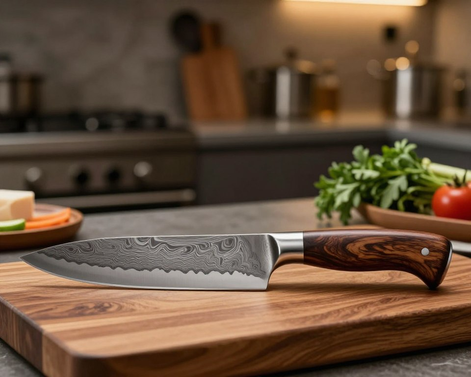 A premium quality Sakai Takayuki 33-layer VG10 Damascus Gyuto knife, elegantly displayed on a polished wooden cutting board. The knife's beautifully patterned blade catches the light, showcasing its intricate damascus finish. The handle, crafted from rich, dark wood with a smooth, ergonomic design, is positioned prominently in the foreground. In the middle ground, soft-focus kitchen utensils and fresh ingredients like herbs and vegetables are arranged, hinting at culinary excellence. The background features a dimly lit kitchen with warm, ambient lighting, creating an inviting and professional atmosphere. A shallow depth of field emphasizes the knife while softly blurring the elements around it, evoking a sense of quality and craftsmanship.