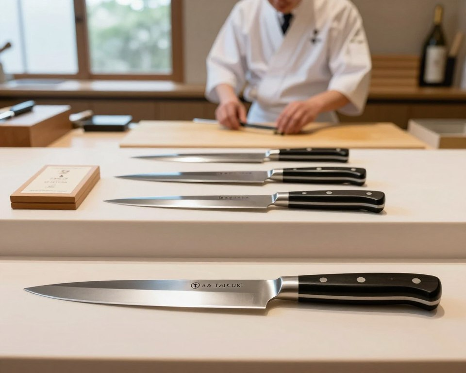 A pristine countertop showcases a collection of authentic Sakai Takayuki knives, elegantly arranged. In the foreground, a close-up of a finely crafted knife with the Sakai Takayuki logo is displayed, its sharp blade reflecting light. Beside it, a wooden authenticity certificate rests, emphasizing quality craftsmanship. The middle layer contains a blurred background of a professional kitchen setup, with a soft-focus chef in a crisp white coat inspecting the knives. Natural light filters in from a window, creating a warm, inviting atmosphere. The overall mood is one of professionalism and culinary art, conveying the essence of premium Japanese cutlery. The composition is balanced, capturing the intricate details and textures of the knives without any text or embellishments.