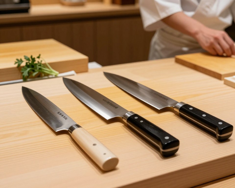 A professional Japanese chef's kitchen, featuring a detailed comparison of three distinct Japanese chef knives including the Sakai Takayuki 240mm Kiritsuke. In the foreground, focus on the knives placed on a polished wooden cutting board, showcasing their blades' craftsmanship and unique designs. The Sakai Takayuki on the left, with its elegant curvature, and two other knives (a Santoku and a Gyuto) on the right for contrast. In the middle, highlight the glint of the steel and differences in handle styles, capturing intricate textures. The background should feature soft-focus kitchen elements such as herbs, a knife block, and a wooden counter to create a serene, culinary atmosphere. Use warm, even lighting to highlight the knives' details, with a slight overhead angle for an immersive look. The mood is sophisticated yet inviting, emphasizing the art of Japanese cuisine.