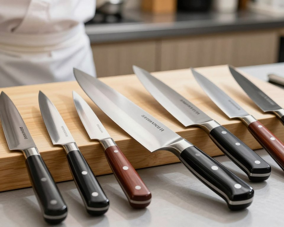 A professional comparison of Japanese chef knives, focusing on a Sakai Takayuki 270mm knife prominently displayed in the foreground, showcasing its sleek blade design and polished handle. Surrounding it, include a variety of competing brands like Shun and Global, each with distinct blade shapes and materials. In the middle ground, a gently blurred wooden cutting board highlights the knives, enhancing their craftsmanship. The background features a softly lit kitchen setting, with shadows playing across the surface to evoke a calm yet professional atmosphere. The scene is captured with a macro lens to emphasize the details of the knives, ensuring vibrant colors and reflections on the blades, set in natural soft lighting to evoke a sense of precision and artistry in the culinary world.
