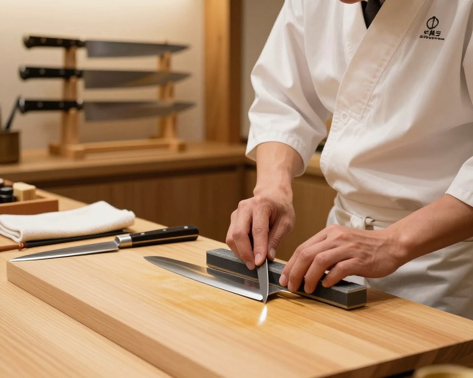A professional kitchen setting featuring a skilled artisan performing maintenance on a Sakai Takayuki knife. In the foreground, the knife is positioned on a smooth wooden cutting board, glistening with a well-crafted blade reflecting soft overhead light. The artisan, wearing a crisp white apron and modest attire, is using a whetstone to sharpen the knife with focused precision. In the middle ground, there are traditional Japanese knife care tools like a honing rod and polishing cloth, arranged neatly. The background showcases a collection of beautifully displayed Sakai Takayuki knives on a wooden rack, subtly lit to highlight their craftsmanship. The atmosphere is calm and professional, evoking a sense of dedication and expertise in knife maintenance. The lighting is warm and inviting, creating a cozy yet focused ambiance.