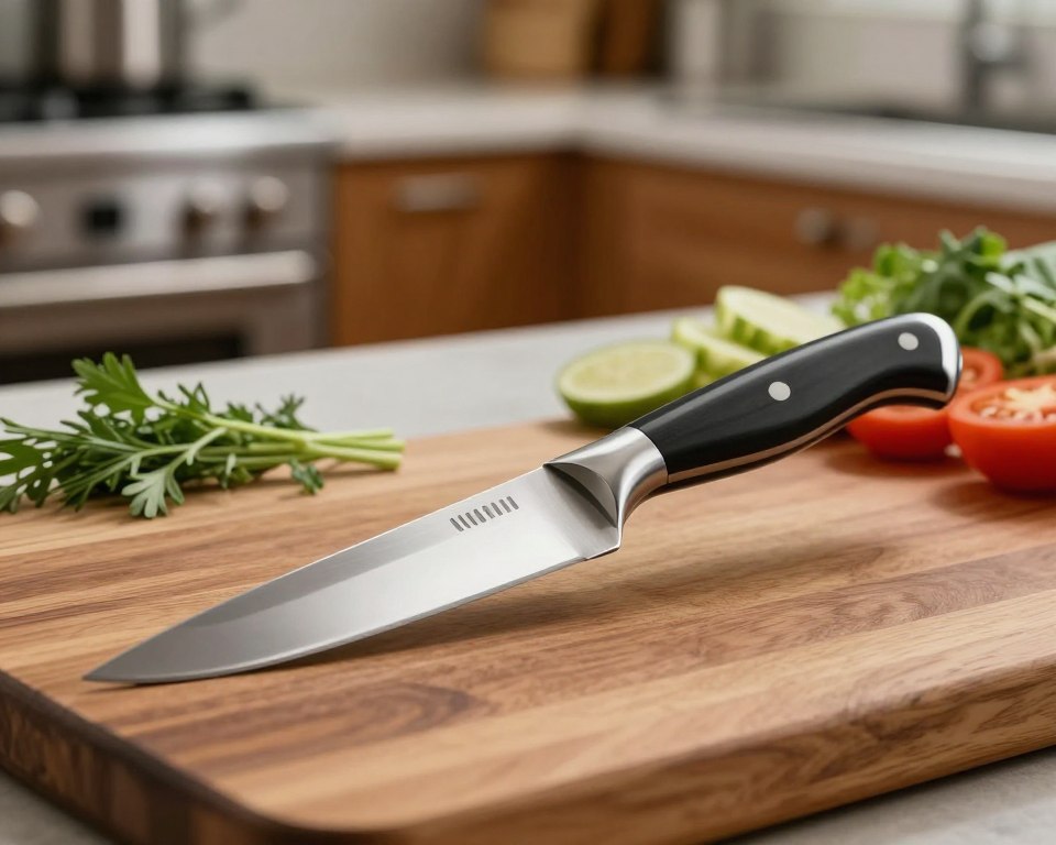 A razor sharp boning knife, elegantly designed with a sleek, ergonomically shaped handle, rests on a polished wooden cutting board. The knife's blade glistens under soft, natural lighting, accentuating its sharpness and reflective surface. In the foreground, the knife is positioned at an angle that showcases the fine craftsmanship and meticulous details of the blade, with subtle shadows highlighting its contours. In the middle, a few fresh herbs and colorful vegetables are artfully scattered, evoking a culinary setting. The background features a blurred kitchen ambiance, with hints of stainless steel appliances and warm wooden cabinets, creating a welcoming atmosphere. The overall mood is focused and professional, perfect for illustrating expertise and precision in culinary arts.