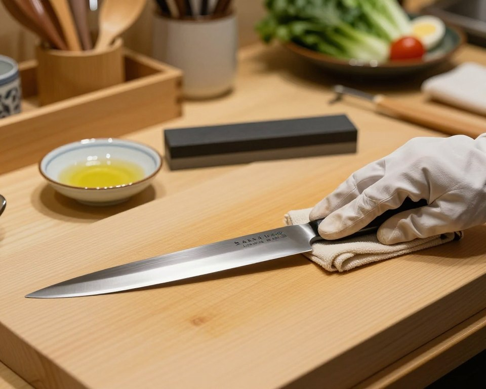 A serene Japanese kitchen setting focusing on the care of a Sakai Takayuki Genbu knife. In the foreground, the knife rests on a beautifully textured wooden cutting board, its steel glimmering softly under warm kitchen lighting. A hand, wearing a modest kitchen glove, gently wipes the blade with a cloth, showcasing the details of the knife's craftsmanship. In the middle ground, a small dish of natural honing oil and a whetstone are positioned, emphasizing the maintenance tools. The background features traditional Japanese kitchen elements, such as bamboo utensils and a subtle display of fresh vegetables, creating an inviting and authentic atmosphere. The overall mood is calm and respectful, highlighting the artistry involved in caring for such a masterful knife.