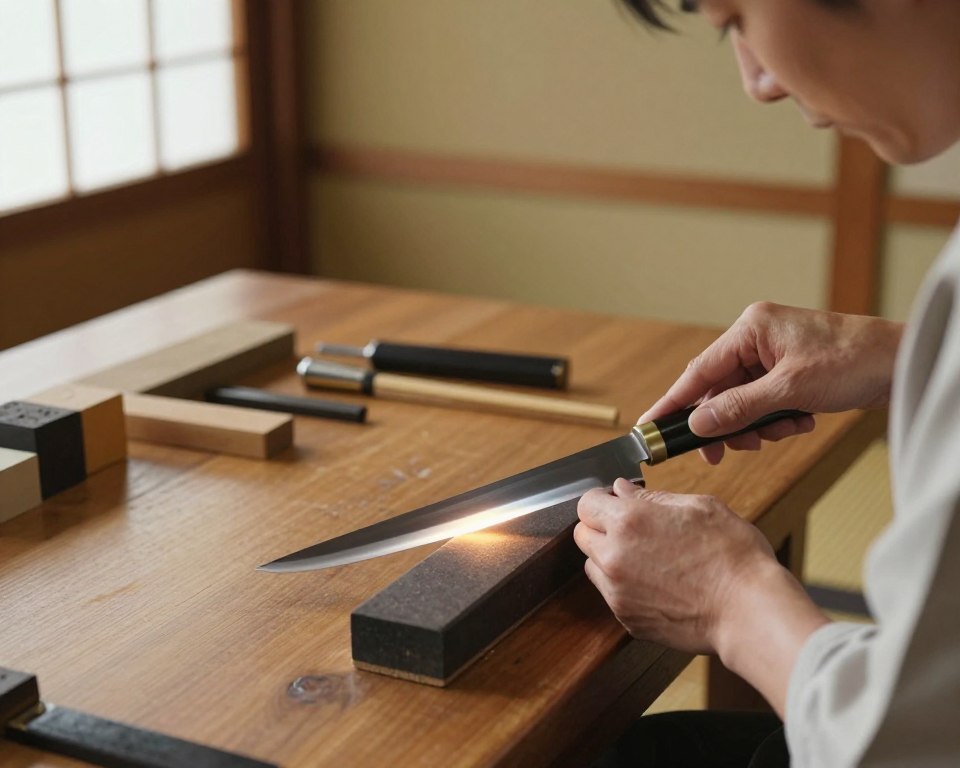 A serene Japanese workshop setting focused on traditional knife sharpening techniques. In the foreground, a skilled artisan in modest attire, carefully sharpening a Sakai Takayuki Inox Deba on a whetstone, with his hands poised in concentration. The middle ground showcases a wooden workbench adorned with various sharpening tools, including strops and a honing rod, with the glowing light reflecting off the polished blade. The background features soft, blurred elements of a traditional Japanese interior, such as paper sliding doors and bamboo decor, creating a warm, inviting atmosphere. The lighting is soft, emphasizing the artisan's meticulous craftsmanship and the knife's gleaming edge, evoking a sense of reverence and tranquility in this timeless skill.
