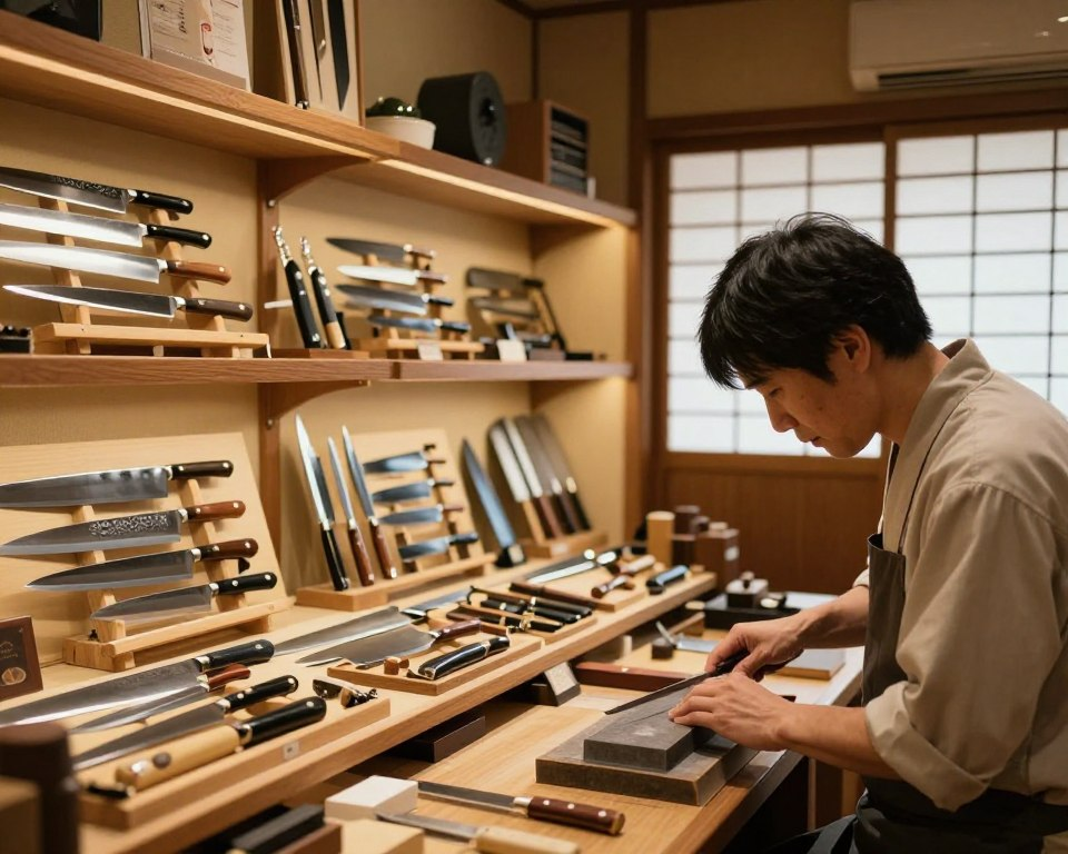 A serene interior of the Sakai Takayuki knife shop, showcasing an array of beautifully crafted Japanese knives displayed on elegant wooden shelves. The foreground features a skilled craftsman, dressed in modest work attire, meticulously honing a knife with a whetstone, his focused expression capturing the artistry of the process. In the middle, display cases filled with various knives reflect the intricate designs and craftsmanship unique to Sakai Takayuki. The background reveals a warm, inviting atmosphere with soft, diffused lighting filtering through traditional paper shoji screens, creating gentle shadows. The overall mood is one of dedication and craftsmanship, inviting the viewer to appreciate the expert reviews and authentic customer experiences within this authentic setting.