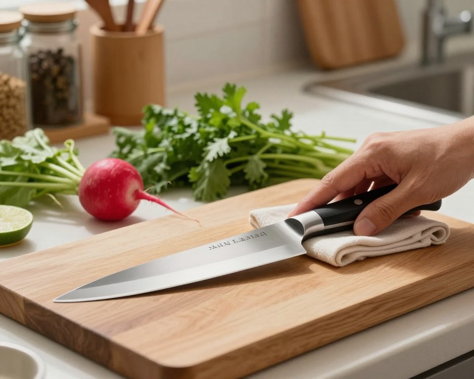 A serene kitchen scene featuring a Sakai Takayuki Homura Guren Nakiri knife elegantly displayed on a wooden cutting board. In the foreground, a hand in modest attire is gently polishing the blade with a soft cloth, showcasing the care needed for maintenance. The middle ground features fresh vegetables like a vibrant red radish and bright green herbs, symbolizing the knife's versatility. The background contains soft-focus kitchen elements like a spice rack and wooden utensils, creating a warm, inviting atmosphere. The lighting is soft and natural, illuminating the knife's polished surface while casting gentle shadows. The mood is calm and focused, emphasizing the importance of proper knife care in culinary practice.