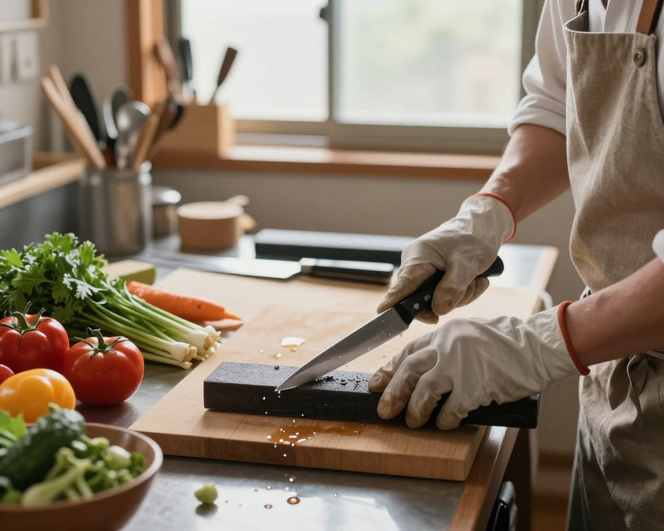 A serene kitchen scene focused on the meticulous maintenance of a Sakai Takayuki knife. In the foreground, a skilled artisan, dressed in a modest apron and gloves, sharpens a gleaming, handcrafted knife on a traditional whetstone, with glistening droplets of water highlighting the process. The middle layer captures the beautifully crafted knife resting on a wooden cutting board, surrounded by fresh ingredients like vibrant vegetables and herbs. In the background, soft, warm lighting spills in from a nearby window, illuminating a clean and organized kitchen space adorned with essential cutlery tools. The atmosphere is calm and focused, evoking a sense of craft, precision, and respect for Japanese culinary traditions.