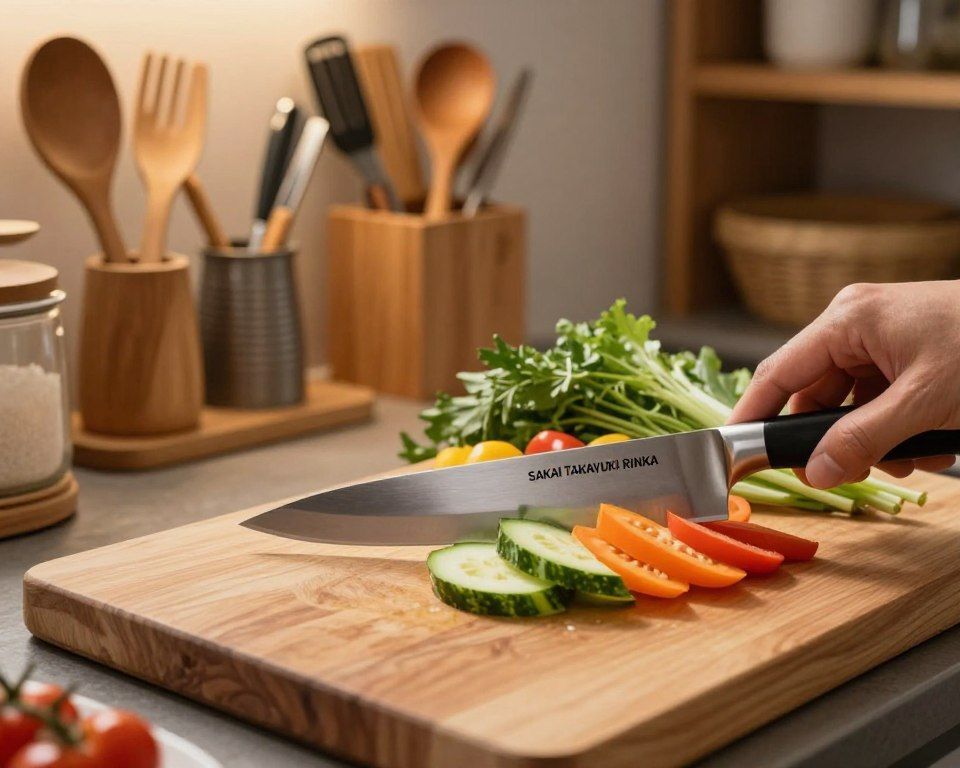 A serene kitchen scene showcasing the intricate art of handmade cutlery slicing techniques, with a focus on a beautifully crafted Sakai Takayuki Rinka knife on a wooden cutting board. In the foreground, the knife, glistening under warm, soft kitchen lighting, is highlighted as it elegantly slices through vibrant, fresh ingredients like colorful vegetables and herbs, showcasing precision and finesse. In the middle background, a tasteful arrangement of additional cutting tools and utensils is displayed, along with a glimpse of a rustic kitchen setting featuring wooden shelves and natural textures. The atmosphere is warm and inviting, exuding a sense of culinary mastery and craftsmanship. The image is taken from a slightly overhead angle, capturing both the action and details without any distractions, ensuring a focused view of the kitchen techniques involved.