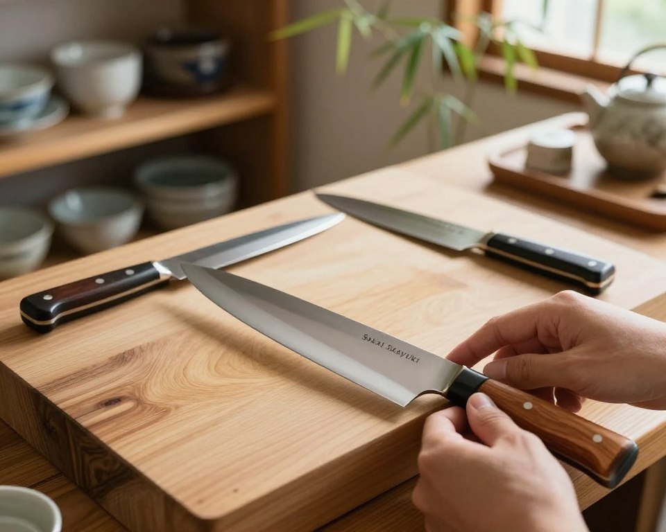 A serene kitchen scene showcasing the meticulous care and maintenance of handcrafted Japanese knives, specifically Sakai Takayuki. In the foreground, a pair of expert hands diligently cleaning a beautifully designed knife with a wooden handle, glistening under soft, natural light. The middle ground features a rustic wooden cutting board adorned with a few additional knives, some laid flat and others propped up, highlighting the varied size and elegance of each piece. In the background, shelves display fine kitchenware and traditional Japanese decor, with soft-focus bamboo plants enhancing the atmosphere. The setting evokes a sense of craftsmanship and dedication, with warm colors and soft shadows enriching the scene, captured with a close-up lens to emphasize details without any text or watermarks.