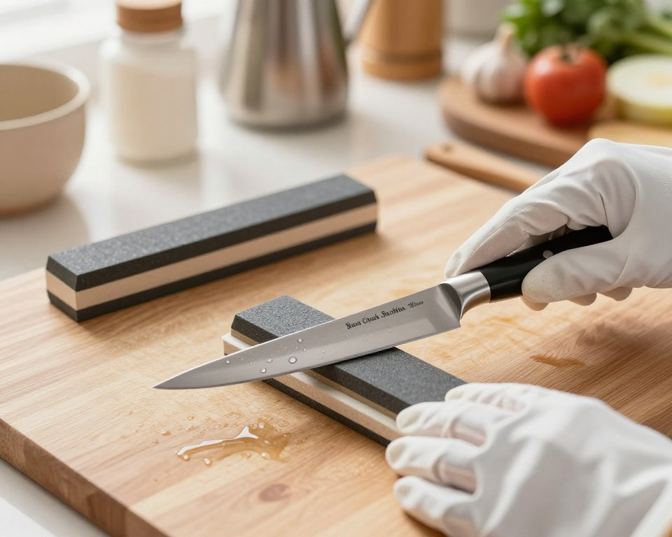 A serene kitchen setting featuring the Sakai Takayuki Inox Chuka Bocho 195mm knife on a wooden cutting board. In the foreground, a pair of hands, wearing modest kitchen gloves, demonstrates the maintenance process, carefully honing the knife with a whetstone. The middle ground includes a set of sleek sharpening tools neatly arranged next to the knife, with glistening water droplets on the whetstone, reflecting light. The background showcases softly blurred kitchen utensils and ingredients, bathed in warm, natural light to create an inviting atmosphere. The image captures the essence of culinary care and precision, evoking a sense of professionalism and craftsmanship essential for maintaining high-quality kitchen tools.