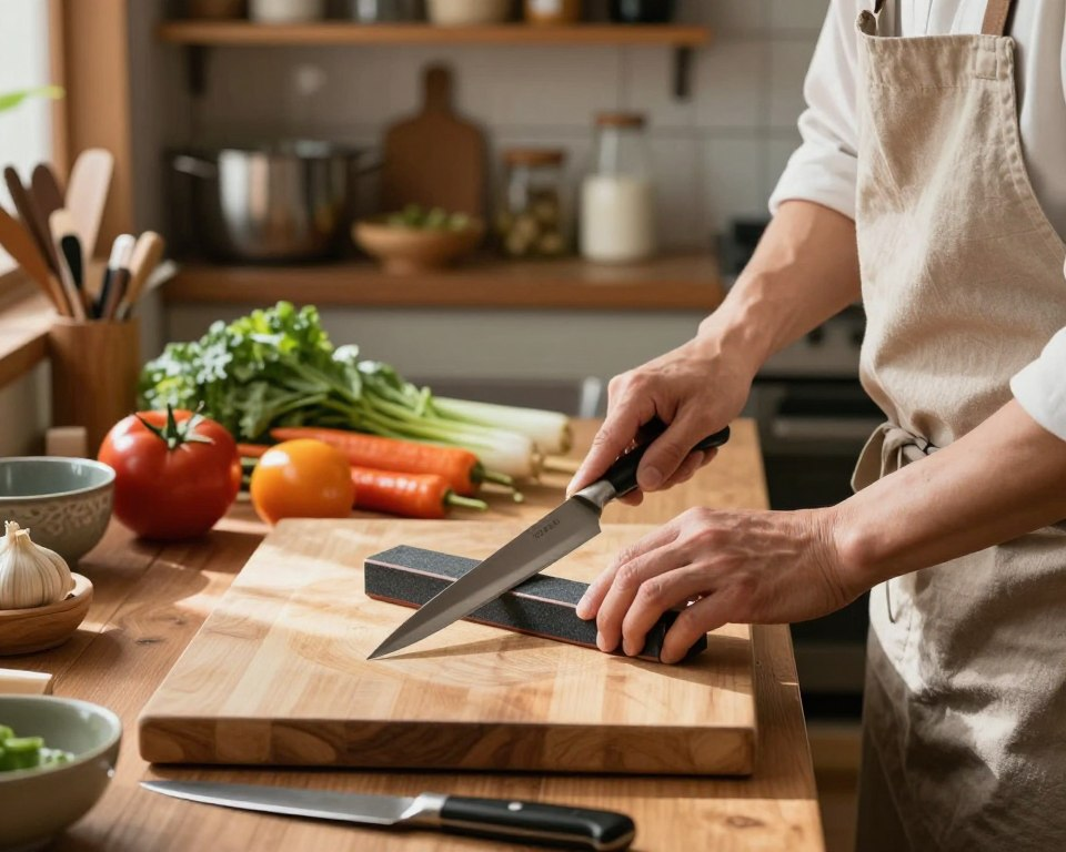 A serene kitchen setting focused on the maintenance of a Sakai Takayuki knife. In the foreground, a skilled home chef, dressed in a modest apron, is carefully honing the blade on a traditional whetstone, with soft light illuminating the gleaming steel. The middle ground features a beautifully crafted wooden cutting board adorned with fresh vegetables, showcasing the knife's precision in action. In the background, shelves lined with high-quality kitchen tools and ingredients create an inviting atmosphere. Warm, natural lighting casts gentle shadows, giving a feeling of tranquility and focus. The overall mood is one of dedication to craftsmanship and the art of knife maintenance, emphasizing the importance of caring for a beloved kitchen tool.