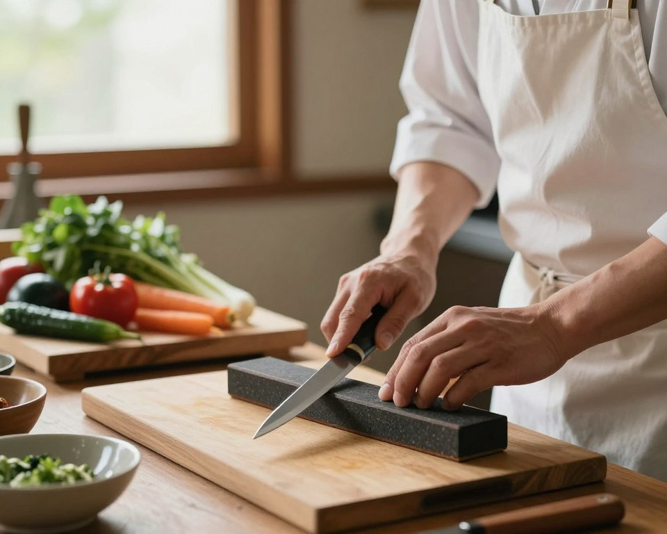 A serene kitchen setting focusing on the maintenance of a Sakai Takayuki knife. In the foreground, a skilled artisan, dressed in a simple yet elegant white apron, carefully sharpens a gleaming Sakai Takayuki knife on a traditional whetstone. The artisan's hands display precise technique, emphasizing craftsmanship. The middle ground showcases a wooden cutting board adorned with fresh ingredients — vibrant vegetables and herbs, enhancing the culinary atmosphere. In the background, soft sunlight filters through a window, casting warm light across the scene, creating a tranquil and inviting mood. The image is captured with a shallow depth of field, highlighting the knife and artisan while softly blurring the surroundings, evoking a sense of focused artistry in knife maintenance and care.