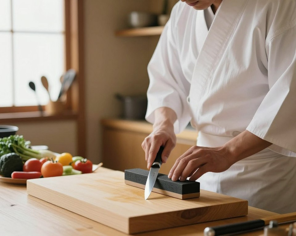 A serene kitchen setting showcasing a skilled Japanese chef, dressed in a traditional white kimono and apron, meticulously sharpening a Sakai Takayuki 270mm knife on a whetstone. In the foreground, focus on the gleaming knife, reflecting soft light as the chef expertly angles the blade, creating a sense of precision and care. In the middle ground, a wooden cutting board scattered with fresh vegetables enhances the culinary atmosphere. The background features subtle shelves adorned with Japanese kitchen tools and a soft-focus window allowing natural light to illuminate the scene. Capture a tranquil, focused ambiance, emphasizing the craftsmanship and dedication involved in the sharpening process. Use warm, inviting lighting to evoke a sense of warmth and tradition in this artisanal practice.