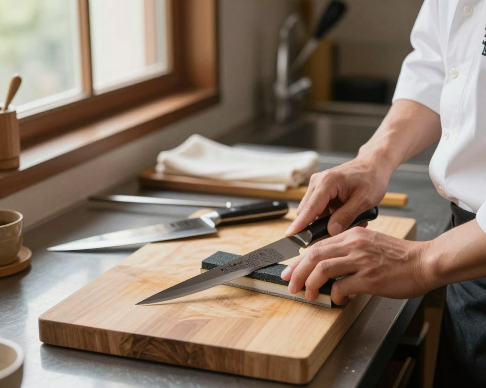 A serene kitchen workspace featuring high-quality Sakai Takayuki Doi knives on a wooden cutting board. In the foreground, a focused chef dressed in professional attire carefully sharpens a knife using a whetstone, showcasing gleaming blades with intricate patterns. The middle ground captures a collection of chef tools, including a honing rod and cleaning cloth, emphasizing the importance of maintenance. In the background, soft natural light filters through a nearby window, creating a warm and inviting atmosphere. The scene is shot at a slight angle with a shallow depth of field, drawing attention to the knife and sharpening process while subtly blurring the kitchen surroundings. The overall mood is both calm and dedicated, highlighting the precision and elegance of maintaining high-quality chef knives.