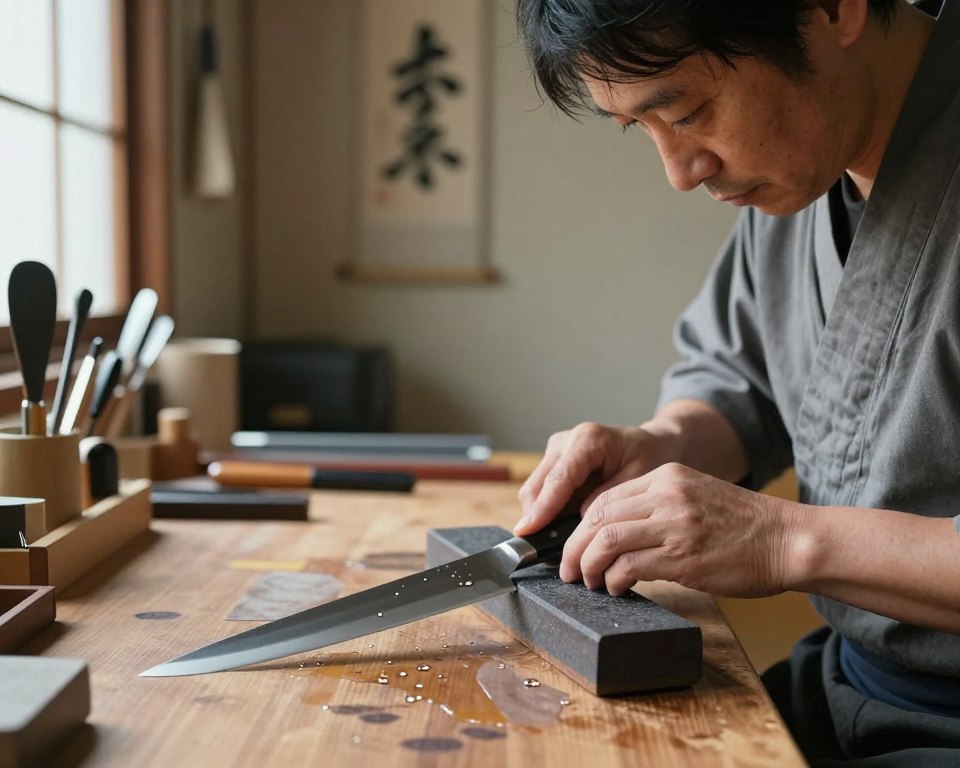 A serene workspace featuring a skilled artisan sharpening a Sakai Takayuki knife on a traditional whetstone. In the foreground, capture the knife glistening sharply against the whetstone, droplets of water reflecting the light. The artisan, dressed in simple but professional attire, is focused and precise in their movements. In the middle ground, showcase an array of high-quality Japanese kitchen tools and sharpening accessories neatly arranged on the wooden workbench. The background should display a softly lit room adorned with hanging traditional Japanese decor, creating a calm and curated atmosphere. Soft natural light streams in from a window, highlighting the sheen of the knife and the artisan’s concentration. The overall mood should evoke craftsmanship and dedication to the art of knife care and maintenance.