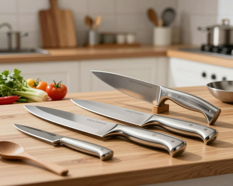 A set of Sakai Takayuki Inox Molybdenum knives elegantly displayed on a wooden kitchen countertop. In the foreground, showcase a chef's knife with a polished, gleaming blade reflecting light, alongside a paring knife with a sleek handle. The middle ground features a subtle array of vegetables, artfully arranged, hinting at the knives' precision in culinary tasks. In the background, soft-focus shelves filled with cooking utensils and cookbooks create a warm, inviting kitchen atmosphere. The lighting should be bright and natural, illuminating the knives' craftsmanship while casting gentle shadows. The overall mood is one of sophistication and durability, perfect for discerning chefs and home cooks alike.