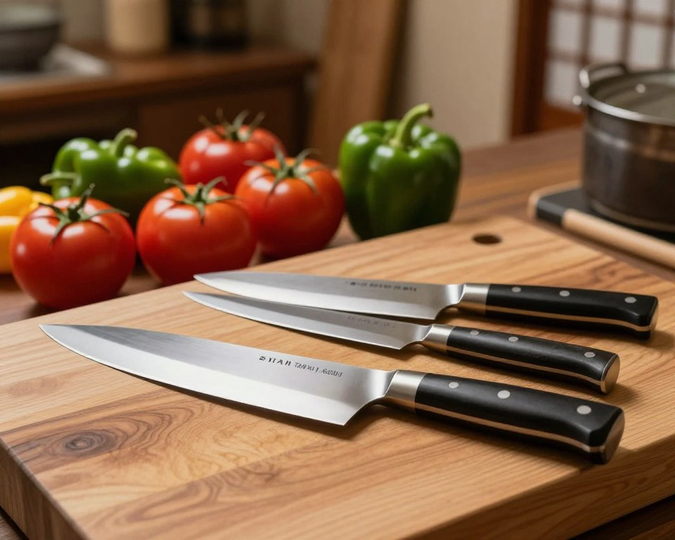 A set of exquisite Japanese kitchen knives from Sakai Takayuki Genbu displayed on a polished wooden cutting board. In the foreground, showcase a chef’s knife with a sleek, curved blade glistening under soft, warm lighting, with fine details highlighting the craftsmanship and edge. Include a paring knife with a slightly smaller blade next to it, emphasizing the contrasting shapes. In the middle, a selection of colorful, fresh vegetables, like vibrant red tomatoes and green bell peppers, hint at the knives' ideal uses. In the background, a rustic kitchen setting with traditional Japanese decor, softly blurred to keep the focus on the knives, evokes a rich cultural atmosphere. The scene captures a harmonious blend of functionality and artistry, inviting appreciation for culinary craftsmanship.