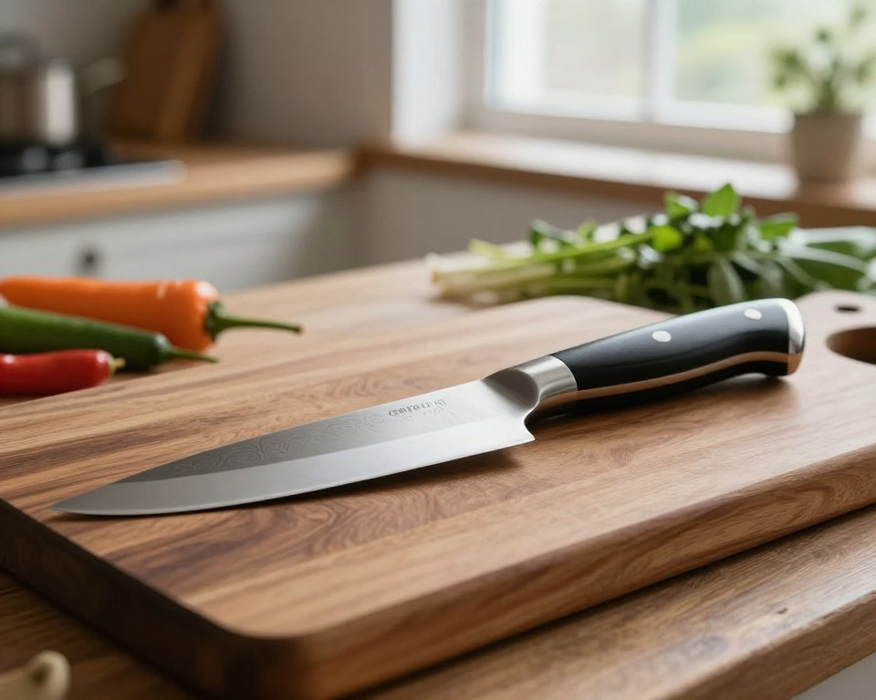 A sharp and durable Gyuto knife resting on a rich wooden cutting board, showcasing its elegant, curved blade and finely crafted handle. The knife gleams under soft, diffused natural light from a nearby window, highlighting the intricate patterns on the blade and the seamless transition to the handle. In the background, a rustic kitchen setting with fresh vegetables and herbs suggests a culinary environment, enhancing the image's context. The depth of field focuses on the knife in the foreground, while the background remains softly blurred, creating a sense of professionalism and culinary excellence. The overall atmosphere is warm and inviting, celebrating the art of cooking and the precision of high-quality Japanese craftsmanship.