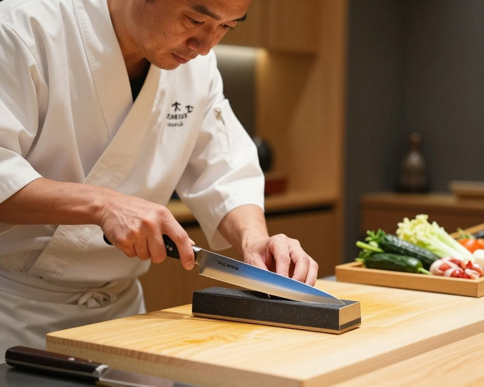 A skilled Asian chef in a modern kitchen, wearing a professional chef's uniform, is meticulously sharpening a Sakai Takayuki Aogami Super Blue Gyuto knife on a traditional whetstone. The foreground features the chef's focused hands, emphasizing the knife's gleaming blade and the textured whetstone. In the middle ground, various kitchen tools and fresh ingredients like vegetables are artistically arranged, hinting at the culinary craftsmanship involved. The background showcases a softly lit, contemporary kitchen environment with wooden cabinets and subtle decorative elements. The lighting is warm and inviting, enhancing the polished surface of the knife and creating a tranquil, focused atmosphere that conveys diligence and precision in knife maintenance.