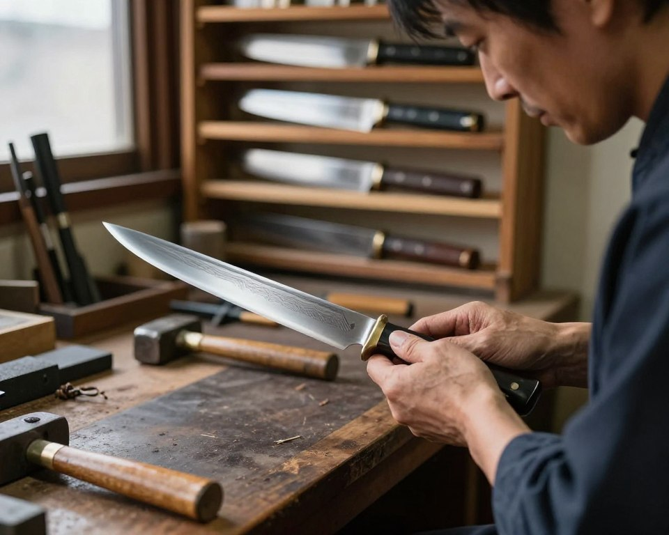A skilled artisan in a traditional workshop meticulously crafts a Sakai Takayuki knife, showcasing the precision-forging process. In the foreground, the artisan, wearing professional attire, grips a strikingly beautiful blade, highlighting its sharp edge and intricate details of the Damascus steel patterns. In the middle, various tools of the trade such as hammers and sharpening stones are displayed, adding depth and context. The background features wooden shelves filled with finished, gleaming knives reflecting soft lighting that creates a warm, inviting atmosphere. The scene is captured with a shallow depth of field, emphasizing the craftsmanship, while natural light filters through the workshop windows, enhancing the mood of dedication and artistry in knife-making.