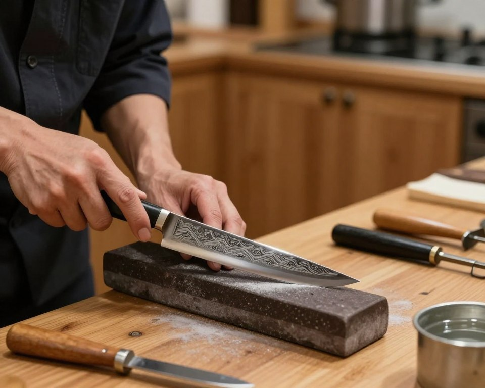 A skilled artisan sharpening a Sakai Takayuki Damascus knife on a traditional whetstone. The focus is on the knife's intricate Damascus pattern, shining under soft, diffused lighting that creates a warm ambiance. In the foreground, the craftsman's skilled hands showcase precise movements, highlighting the polished blade's contrast against the rough texture of the whetstone. The middle ground features a wooden table adorned with sharpening tools and a small container of water, enhancing the scene's authenticity. In the background, a blurred kitchen environment with wooden cabinetry provides a homely atmosphere, evoking a sense of warmth and dedication to culinary mastery. The overall composition radiates tranquility and craftsmanship.