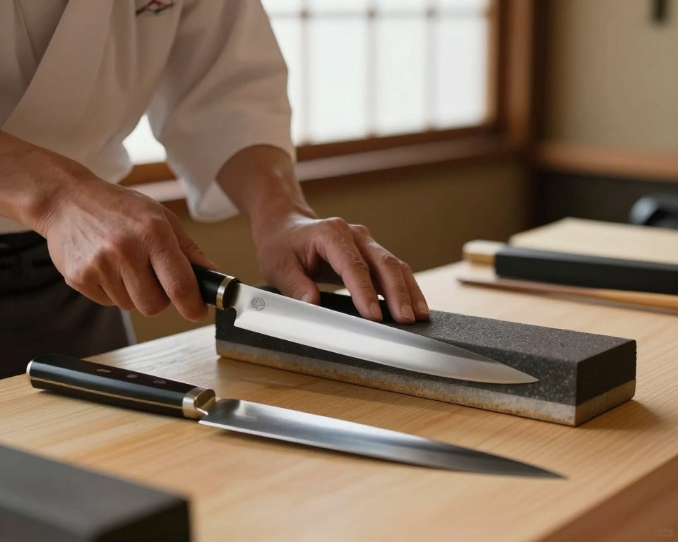 A skilled artisan sharpens a beautiful Sakai Takayuki knife on a traditional whetstone, capturing the essence of Japanese culinary craftsmanship. In the foreground, the knife gleams with polished steel, its sleek blade and elegant handle reflecting craftsmanship. The middle layer features the artisan’s hands, focused and steady, methodically gliding the knife across the stone, showcasing intricate details of the sharpening process. In the background, a serene, wooden workspace is highlighted by soft, natural light filtering through a window, creating a warm and inviting atmosphere. The scene conveys a sense of dedication and expertise, emphasizing the importance of proper maintenance for these exceptional culinary knives. Selective focus enhances the sharpness of the knife while gently blurring the background.