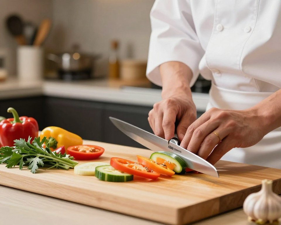 A skilled chef demonstrating Bunka knife cutting techniques in a modern kitchen. In the foreground, focus on the chef's hands, expertly slicing vibrant vegetables with the elegant Sakai Takayuki Coreless Bunka knife. The knife's sharp, glistening blade reflects soft kitchen lighting, highlighting its craftsmanship and versatility. In the middle ground, a wooden cutting board is scattered with fresh ingredients, such as colorful peppers and herbs, showcasing the knife's multifaceted use. In the background, soft bokeh of a well-organized kitchen with subtle hints of utensils and cookware enhances the scene's depth. The atmosphere is warm and inviting, embodying professionalism and culinary artistry. A medium shot, slightly angled to emphasize the cutting action, brings a dynamic feel to the overall composition.