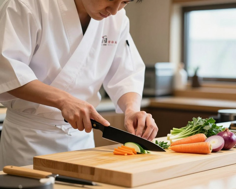 A skilled chef demonstrating the Sakai Takayuki Black Knife cutting technique in a bright, professional kitchen. In the foreground, the chef, wearing a chef's jacket and apron, expertly slices fresh vegetables with precision, showcasing the knife's sharp edge and craftsmanship. The middle ground features a wooden cutting board, vibrant, colorful ingredients like carrots, onions, and herbs, arranged artfully to emphasize freshness. In the background, soft focused kitchen equipment and a hint of natural light streaming through a window create a warm, inviting atmosphere. The image is illuminated with bright, even lighting to highlight the knife's sleek black finish and the chef’s focused expression, conveying a sense of mastery and Japanese culinary artistry.