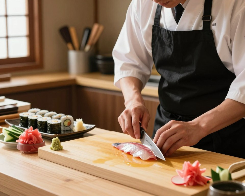 A skilled chef in a professional kitchen prepares sushi with precision, showcasing the Sakai Takayuki Inox Yanagiba knife. In the foreground, the chef, dressed in a neat white shirt and black apron, skillfully slices fresh fish into delicate sashimi. The glistening fish rests on a wooden cutting board, surrounded by vibrant vegetables like cucumbers and radishes, adding color. In the middle ground, a beautifully arranged plate of sushi rolls can be seen, garnished with wasabi and pickled ginger, highlighting the artistry of sushi-making. The background features a softly lit kitchen with various culinary tools neatly arranged, creating an inviting atmosphere. Natural light streams through a nearby window, casting gentle shadows that enhance the scene's warmth and professionalism.