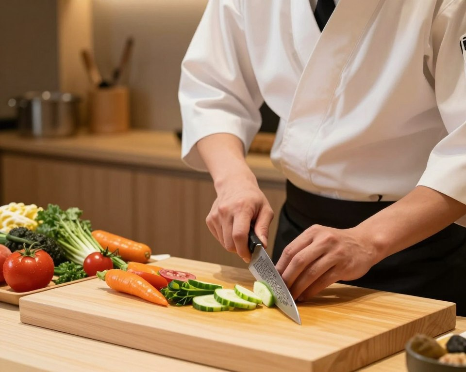 A skilled chef in a well-lit kitchen, using a Sakai Takayuki Damascus Santoku knife, carefully slicing fresh vegetables on a wooden cutting board. The knife's intricate blade pattern glistens under warm, soft overhead lighting, showcasing its high-quality craftsmanship. The chef, dressed in a white professional chef's jacket and black apron, focuses intently on the task, capturing the essence of precision and respect for ingredients. In the background, an array of colorful vegetables and herbs are artistically arranged, highlighting the vibrant culinary environment. The camera angle is slightly above the cutting board, providing a clear view of the knife in action, creating an inviting and inspiring atmosphere that emphasizes the benefits of using a Santoku knife.