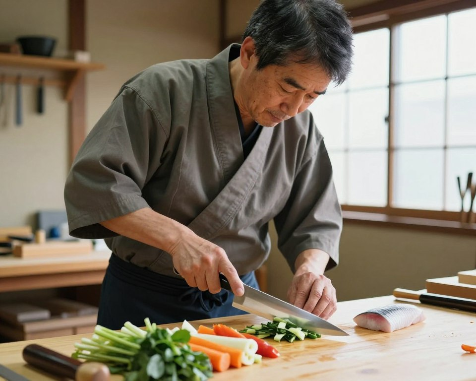 A skilled craftsman demonstrating the performance of a Sakai Takayuki knife in a well-lit workshop. In the foreground, capture the gleaming blade slicing through fresh ingredients like vibrant vegetables or fine fish, showcasing the knife's precision and sharpness. In the middle ground, depict the artisan, a middle-aged Japanese man, dressed in modest, professional attire, focused intently on his craft with a look of concentration. The background features traditional Japanese woodworking tools and a serene ambiance, with soft natural light filtering in through a window, casting gentle shadows. This image should evoke a sense of craftsmanship, dedication, and the mastery of knife performance.