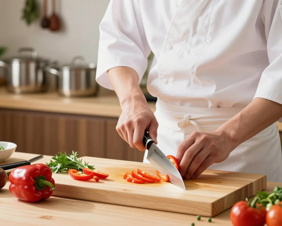 A skilled hands-on chef demonstrating the use of a Sakai Takayuki 180mm Gyuto knife in a bright, well-lit kitchen. In the foreground, the knife gleams on a wooden cutting board, vibrant vegetables like red bell peppers and fresh herbs scattered nearby. The chef, dressed in a crisp white apron and modest attire, expertly slices through the ingredients with precision and grace. In the middle, the focus remains on the knife’s beautifully crafted blade and handle, showcasing intricate patterns and fine craftsmanship. The background features blurred kitchen elements, like stainless steel pots and hanging spices, to convey depth. The atmosphere feels dynamic and inspiring, highlighting the performance and versatility of this exceptional Japanese chef's knife under natural light, creating soft shadows that enhance the scene's warmth.