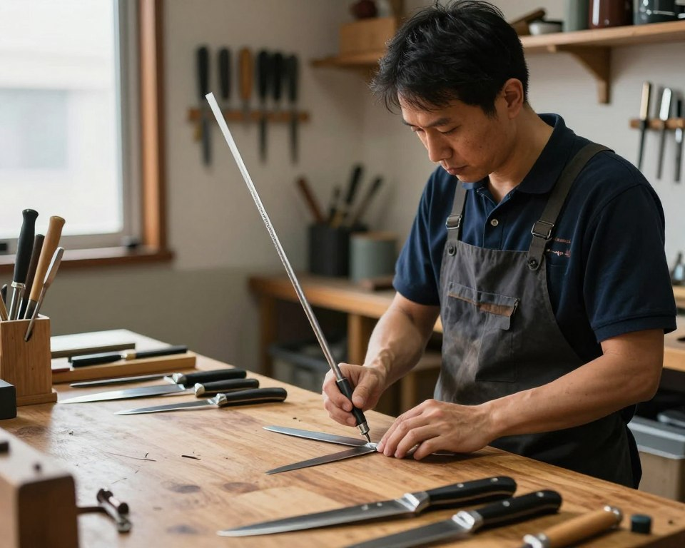 A skilled professional knife sharpener stands confidently in a well-lit workshop, showcasing a beautiful Sakai Takayuki honing rod. The foreground features the sharpener's focused hands expertly gliding the honing rod along a series of gleaming kitchen knives, capturing the precision of the task. In the middle, a polished wooden workbench is adorned with various knives, some freshly sharpened and others awaiting attention, reflecting the dedication to high-quality maintenance. The background reveals shelves lined with other sharpening tools and knife blocks, creating an inviting, organized atmosphere. Soft, natural lighting filters through a nearby window, casting gentle shadows that enhance the professionalism of the scene. The mood is one of craftsmanship and expertise, perfect for illustrating the importance of knife maintenance in culinary arts.
