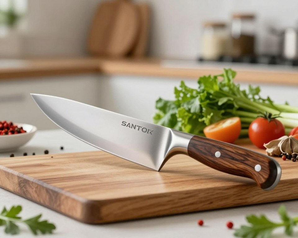 A stainless steel Santoku knife with a polished blade and distinctive curved edge, resting on a rustic wooden cutting board. In the foreground, the knife is angled majestically, showcasing its sharp cutting edge and ergonomic handle made of dark wood. The knife reflects soft, natural light that accentuates its gleaming surface, creating a sense of elegance and precision. The middle ground features fresh ingredients like vibrant green vegetables and colorful spices artistically arranged around the cutting board, evoking a culinary atmosphere. In the background, blurred kitchen elements like shelves with cooking utensils and jars provide context, adding a warm, inviting feel. The scene is bright, airy, and conveys a sense of enthusiasm for home cooking.