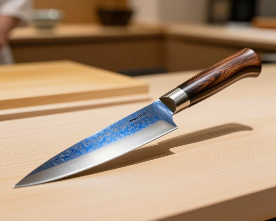 A stunning Japanese chef knife prominently displayed on a clean, natural wood surface. The 210mm blade, made from Aogami Super Blue steel, gleams under soft, diffused lighting that highlights its elegant shape and sharp edge. The intricate blue and grey pattern on the blade contrasts beautifully with the rich, dark wooden handle, which features traditional Japanese craftsmanship with a seamless, ergonomic design. In the background, a blurred out kitchen setting creates a warm, inviting atmosphere, suggesting a space where culinary creativity thrives. The composition is shot at a slight angle, focusing on the knife while allowing the background elements to softly fade, enhancing the viewer's appreciation for the craftsmanship and quality of this high-end chef's knife.