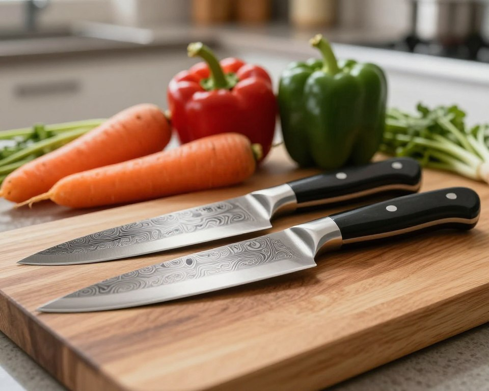 A stunning close-up of Sakai Takayuki Damascus VG 10 knives displayed on a wooden cutting board. In the foreground, showcase two exquisite knives, emphasizing their intricate damascus patterns and polished, scalloped edges. The middle ground features a backdrop of vibrant, fresh vegetables like carrots and bell peppers, highlighting the knives' purpose in culinary artistry. The background is softly blurred with hints of a modern kitchen setting, creating an inviting atmosphere. Use warm, natural lighting to enhance the textures of the knives and vegetables, and capture the scene from a slightly elevated angle to provide depth. The overall mood should convey precision and performance, emphasizing the craftsmanship of these premium knives.