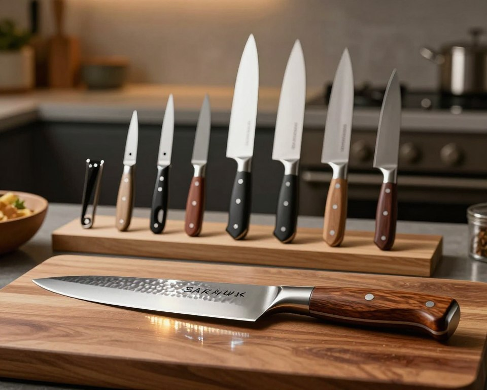 A stunning display of premium kitchen knives, focusing on the exquisite Sakai Takayuki knives. In the foreground, a beautifully crafted 8-inch chef's knife with a hammered finish and elegant wooden handle lies on a polished wooden cutting board, glistening with light reflections. The middle layer showcases a variety of other high-quality knives, artistically arranged to highlight their distinct designs, including a paring knife and a utility knife. The background is softly blurred to emphasize the knives, featuring a cozy kitchen setting with warm, ambient lighting that casts gentle shadows, evoking a professional and inviting atmosphere. The overall mood is sophisticated and culinary-focused, perfect for comparing the artistry of Sakai Takayuki knives with other brands.
