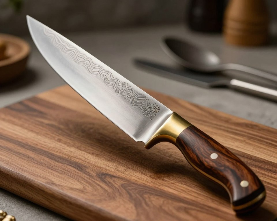 A stunning luxury Damascus steel knife, showcasing intricate 63-layer patterns in the blade, glimmering under soft, diffused lighting. The knife is elegantly positioned on a textured wooden cutting board, with the blade angled to highlight its exquisite craftsmanship. In the foreground, the handle, made of rich, dark wood with subtle brass accents, complements the blade's artistry. In the middle background, a hint of neatly arranged kitchen utensils adds depth without distracting from the knife itself. The atmosphere is warm and inviting, reminiscent of a high-end kitchen. Use a shallow depth of field to keep the focus on the knife while creating a soft blur around it. The overall mood conveys sophistication and professionalism, perfect for an article about premium culinary tools.