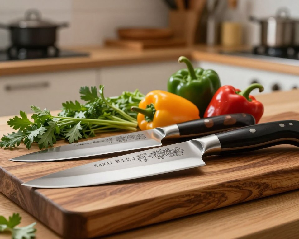 A stunning still life featuring a set of Sakai Takayuki engraved knives displayed on an elegantly crafted wooden cutting board. In the foreground, the knives are arranged with their polished blades reflecting light, showcasing intricate engravings that highlight the craftsmanship. The middle layer includes fresh, vibrant vegetables—such as green herbs and colorful peppers—arranged artistically around the knives, adding a touch of culinary freshness. The background features a softly lit kitchen setting, with blurred shelves displaying Japanese culinary tools to create a warm, inviting atmosphere. The lighting is warm and natural, with gentle shadows emphasizing the curves of the knives. Use a shallow depth of field to focus on the knives and the vibrant ingredients while keeping the background smoothly blurred, evoking a sense of quality craftsmanship and culinary excellence.