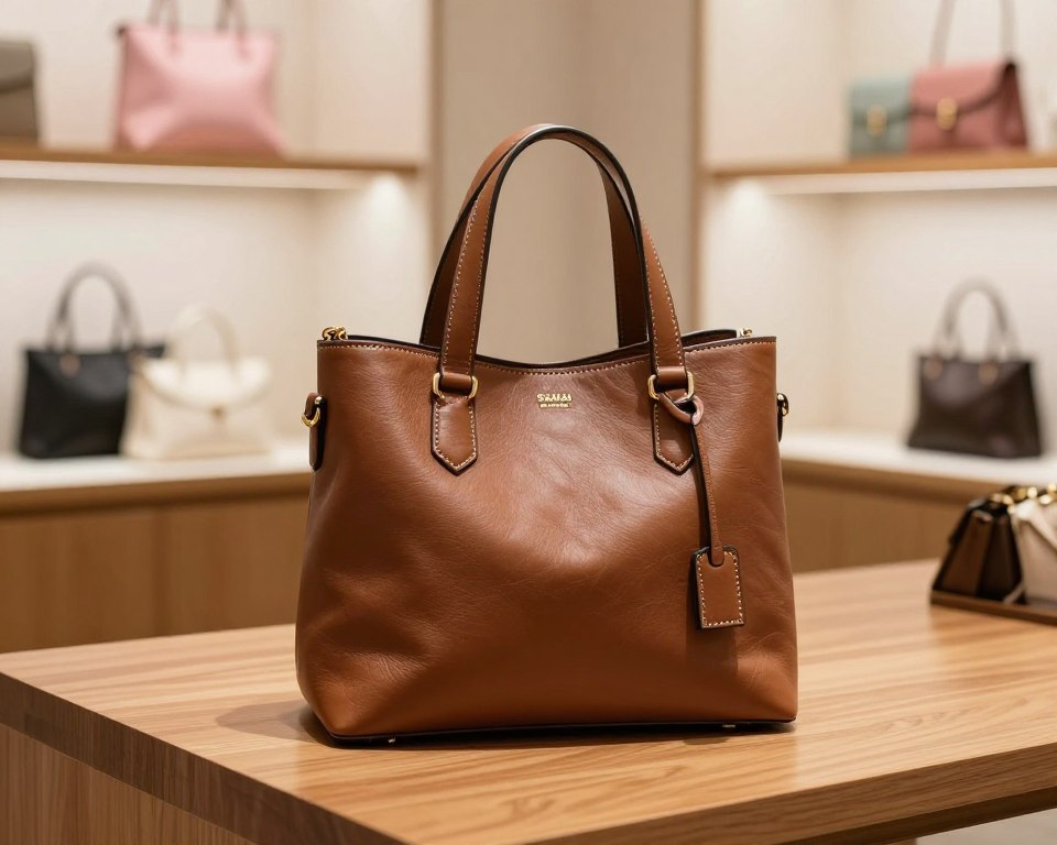 A stylish Sakai Takayuki bag displayed prominently in the foreground, showcasing its elegant craftsmanship and unique design features, such as rich leather texture and intricate stitching. The bag is placed on a polished wooden table, with a soft, inviting light illuminating it from the side, creating gentle shadows that enhance its form. In the middle ground, a blurred shop display can be seen, hinting at a boutique ambiance, with tasteful decor and soft pastel colors that enhance the feeling of sophistication. The background features a warm, softly lit retail space, suggesting a cozy shopping experience. The overall mood is elegant and inviting, making the viewer feel inspired to explore the chic style of Sakai Takayuki bags.